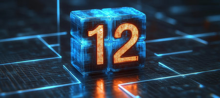 Shining 3D Hologram Numbers Abstract Illustration of Twelve with Technical Backgroundの素材