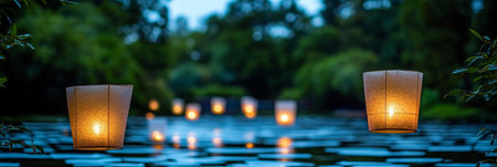 Floating Lanterns on Still Water at Evening Festival, Creating a Magical and Serene Atmosphereの素材