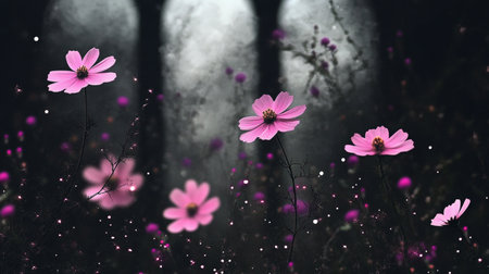 Stunning Pink Cosmos Flowers Glowing Under a Starry Night Sky in a Gothic Garden Settingの素材