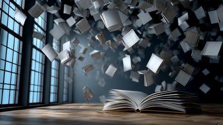 Weightless Knowledge Books Soaring in a Dynamic Dance, A Vision of Boundless Learning, Information.の素材