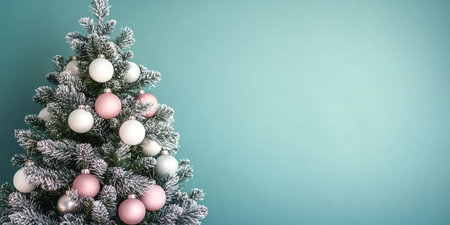 Stunning Glittering Festive Turquoise Christmas Tree Decorated with Colorful Baubles and Snowの素材
