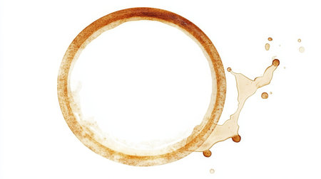 Coffee Cup Circles Stain Round Mark On Wooden Table, Brown Bordered, Isolated on White Backgroundの素材