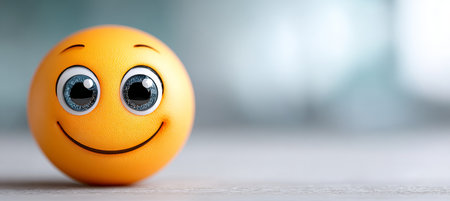 3D smiling sphere face with oversized captivating eyes set against a light bokeh studio background.の素材