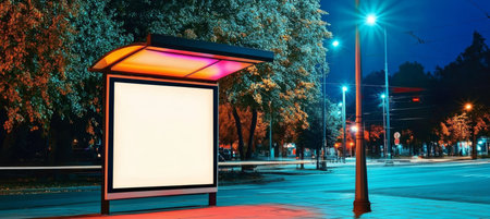 Vibrant Digital Advertising Signboard Illuminating Bustling City Street at Night Under Soft Lightsの素材