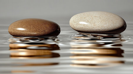 Serenity and Balance Achieved with Zen Pebbles Resting on Calm Water, Reflections in Nature s Mirrorの素材