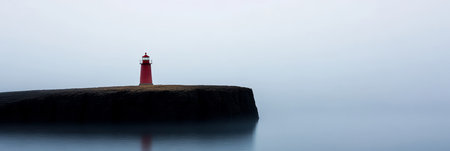 Majestic Red Lighthouse Standing Alone on a Dark Cliff Edge Surrounded by a Tranquil Foggy Oceanの素材