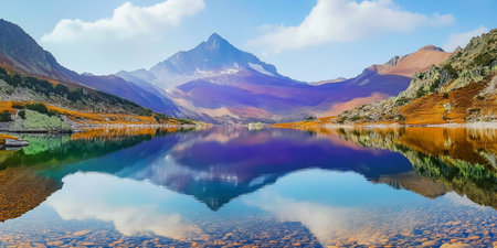 Breathtaking Mountain Lake Landscape with Reflections of Majestic Peaks in a Tranquil Settingの素材