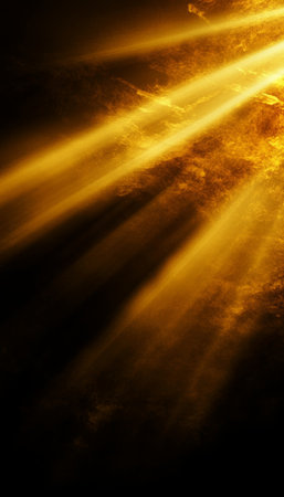 Dramatic Golden Light Shafts Radiating Downwards, Symbolizing Hope, Faith, and Divine Interventionの素材