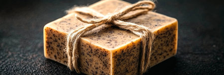 Artisan Handmade Coffee Soap Wrapped in Twine, Displayed on Dark Textured Surface for Skin Care.の素材