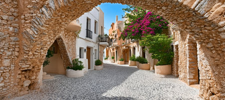 Charming Mediterranean Village with Colorful Balconies and Historic Stone Architecture in Sunlightの素材