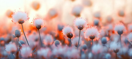 Delicate Eriophorum Flowers Embracing a Warm Sunrise in a Calm Field of Nature s Dreamy Wonderlandの素材