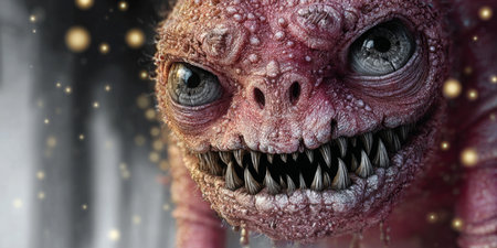 Closeup shot of a gruesome otherworldly creature with sharp triangular teeth and a menacing grin.の素材