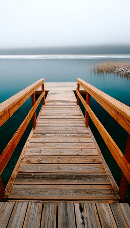 Serene Wooden Pier Extending into a Calm Misty Lake Surrounded by Nature s Tranquil Beautyの素材