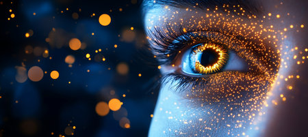 Eye with Glimmering Particles Revealing a Futuristic Vision of Digital Communication Technologyの素材