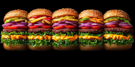 Vibrant Vegan Burgers Stacked High with Fresh Ingredients and Colorful Toppings in Studio Settingの素材