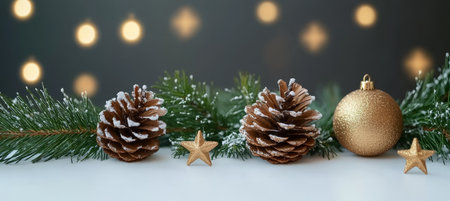 Festive Holiday Cheer with Textured Snow, Golden Lights, Ornaments, and Pine Cone Decorationsの素材