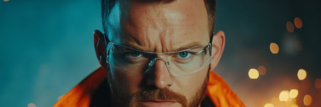 Professional Engineer in Precision Manufacturing, Wearing Protective Eyewear with Focus on Safetyの素材