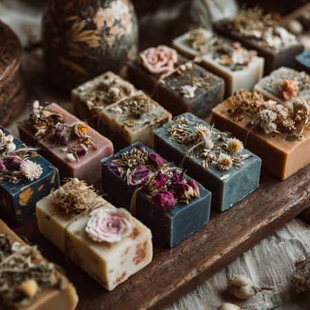 Artisan Soaps Array with Botanical Accents, Emphasizing Spa Simplicity and Skincare Wellness Displayの素材