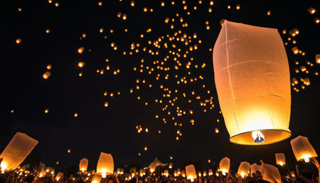 Colorful Sky Lantern Festival Celebration at Night with Dazzling Lights and Cultural Traditionsの素材