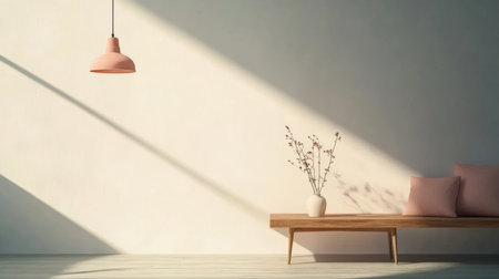Minimalist living room featuring a pink lamp, wooden bench, decorative pillows, and a vase.の素材