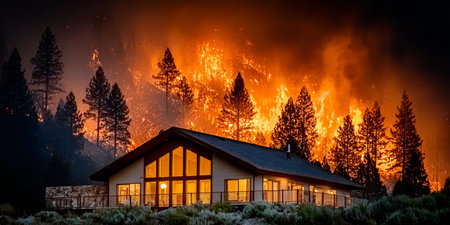 Dramatic Wildfire Blazing Through Forest Landscape with Modern Residential Building at Nightの素材