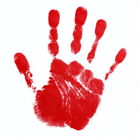 Detailed Bloodied Handprint with Fingers and Palm on White Background for Forensic Analysisの素材