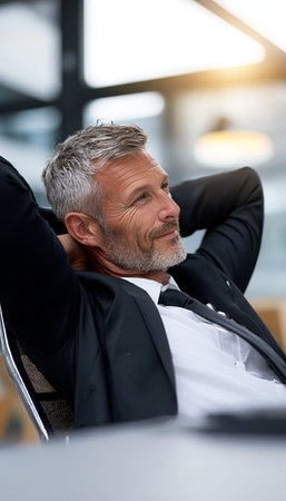 Silver-Haired Executive Relaxing in His Office, Reflecting on Business Success and Professional Lifeの素材
