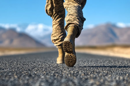 A Solemn Soldier Marches Through an Expansive Desert Road Towards Majestic Mountains at Dusk.の素材