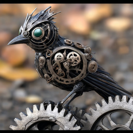 Intricate Steampunk Bird Sculpture with Gears and Cogs, Vintage Mechanical Art Piece for Decorの素材