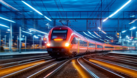 A modern high-speed train rushes through a busy city railway station at twilight, creating a blur.の素材