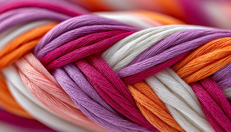 Soft Multicolored Braided Fibers Macro, Intricate Patterns with Violet, Crimson, and Vanilla Huesの素材