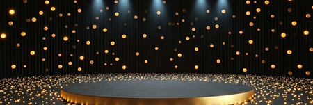 Elegant Golden Stage with Dramatic Lighting Effects Sparkling Against a Black Background for Eventsの素材
