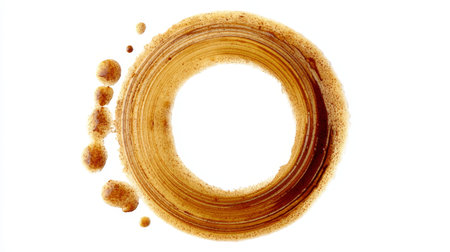 Artistic Coffee Stain Rings on a White Background, Detailed Circular Patterns for Creative Designsの素材