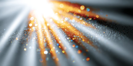 Abstract Shimmering Sunbeams Transitioning and Glowing Bokeh Effect on Gray Surface Designの素材