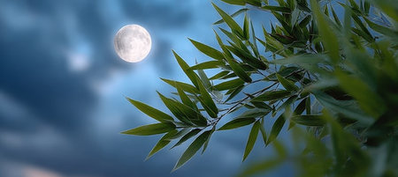 A Serene Night Landscape with Bamboo Leaves Swaying Under the Gentle Glow of the Full Moonlightの素材
