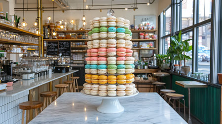 Beautiful macaron tower displayed in a charming caf, showcasing pastel colors and artistry.の素材