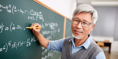 Senior Educator Explaining Advanced Math Formulas on Chalkboard to Graduate Students in Classの素材
