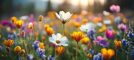 A Blissful Symphony of Cosmos Garden with Vibrant Colors and Wildflowers Embracing Summer Fieldsの素材