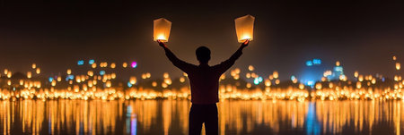 Enchanting night scene with glowing lanterns released over water during a festive celebration.の素材