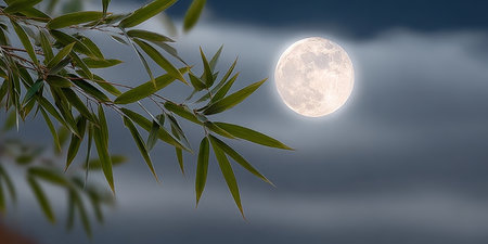 Ethereal Moonlight Filtering Through a Lush Bamboo Forest Creating a Serene Nighttime Atmosphereの素材