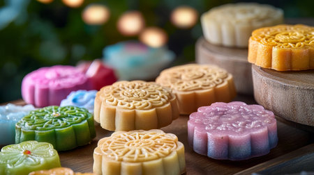 A Beautiful Array of Colorful Mooncakes Showcasing Cultural Heritage and Festive Celebrations.の素材