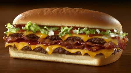 Delicious multilayer cheeseburger with juicy patties, melted cheese, bacon, and fresh vegetablesの素材