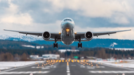 Wide body passenger jet gracefully soars skyward, ascending with power, leaving the runway behind.の素材