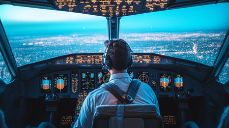 Stunning Night Flight Over a Vibrant Cityscape, Pilot in Cockpit Using Advanced Aviation Technologyの素材