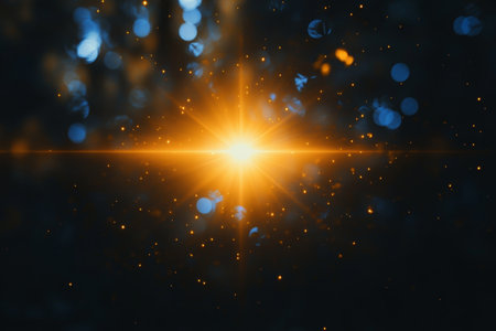 Radiant Lens Flare Overlay with Golden Particles and Beautiful Blue Bokeh Lighting Effectsの素材