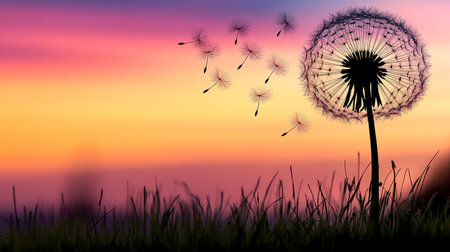 Serene Dreamy Sunset with a Poetic Dandelion Silhouette Against a Colorful Horizon, Seeds Dancingの素材