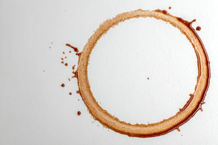 Abstract Circular Beverage Stain on Subtle White Paper, Grunge Style Coffee Ring Design Elementの素材