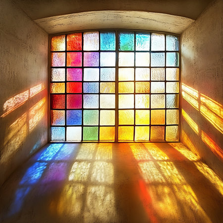 Stained Glass Window Art Creating Beautiful Light Patterns with Colorful Refractions and Radianceの素材