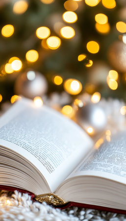 Cozy Winter Reading Inspiration Open Book on Table Surrounded by Festive Lights and Holiday Cheerの素材