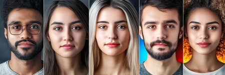 Diverse Faces Collection Portraits of Various Ethnic Backgrounds in a Unified Row of Imagesの素材